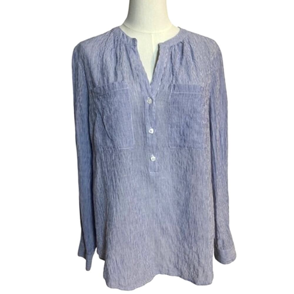 Michael Kors Blue White Pinstripe Long Sleeve Popover Lightweight Blouse Size M